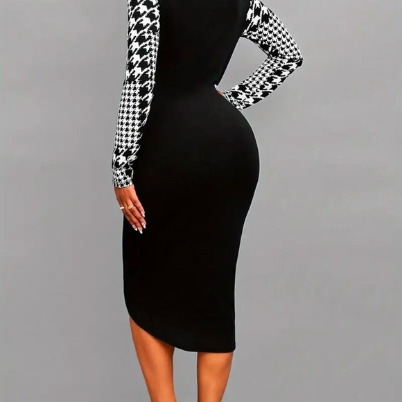 Houndstooth Bodycon Dress, Long Sleeve Boat Neck Elegant Dress - Picture 4 of 4
